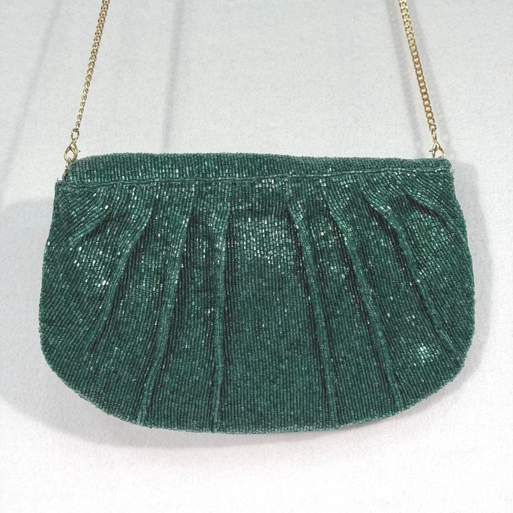 Maeve‎ Anthropologie Green Beaded Bow Clutch Chain Strap NWOT
